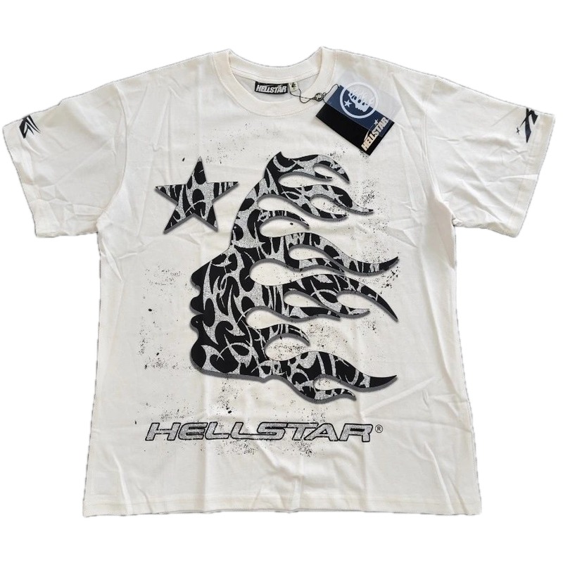 Hellstar Flame Print Street-style Off-white T-shirt