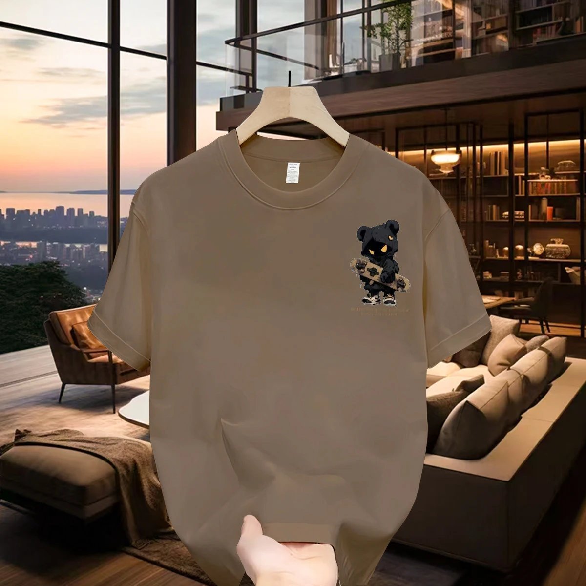 Streetwear Brand Street Style Khaki Short-sleeve T-shirt with Skateboarding Bear Graphic
