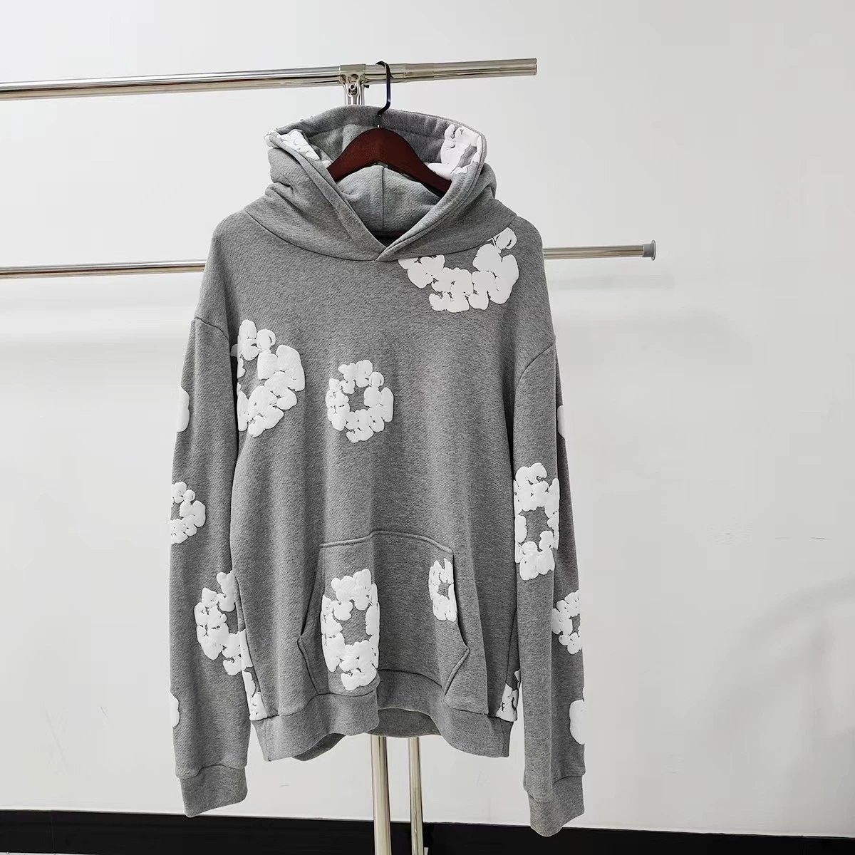 Grey White Floral Pullover Hoodie