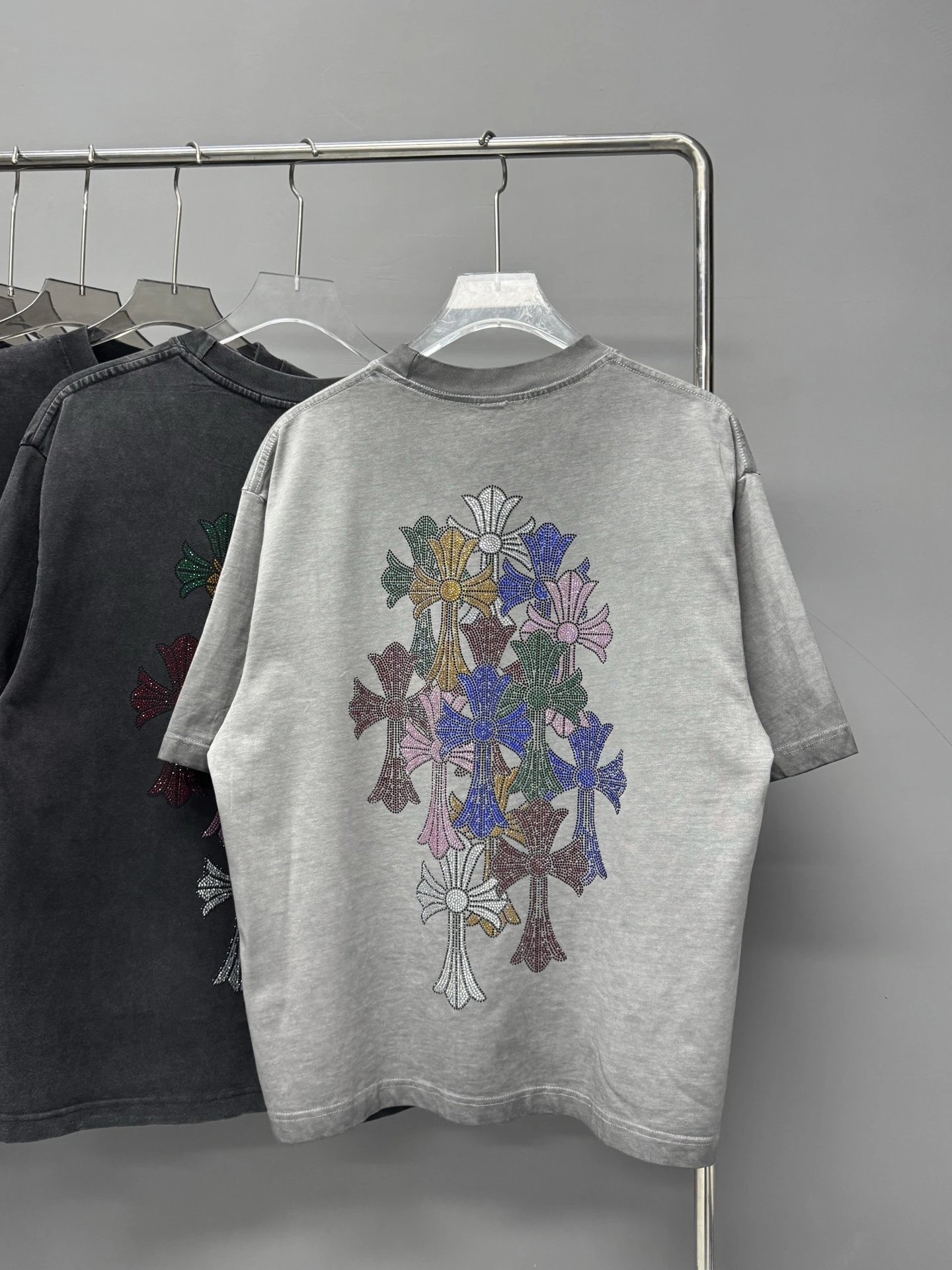 Chrome Hearts Cross Hot-Fix Rhinestone Street Style Light Grey T-Shirt