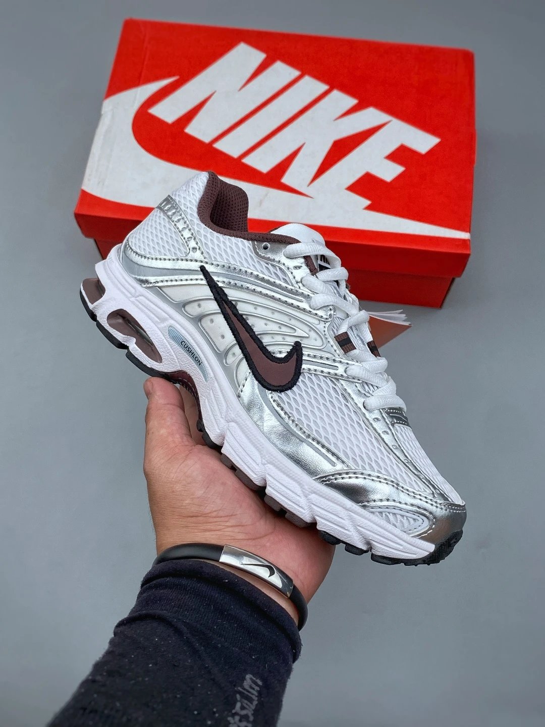 Nike Silver and Burgundy Mesh Runners, Layered Heel Detail