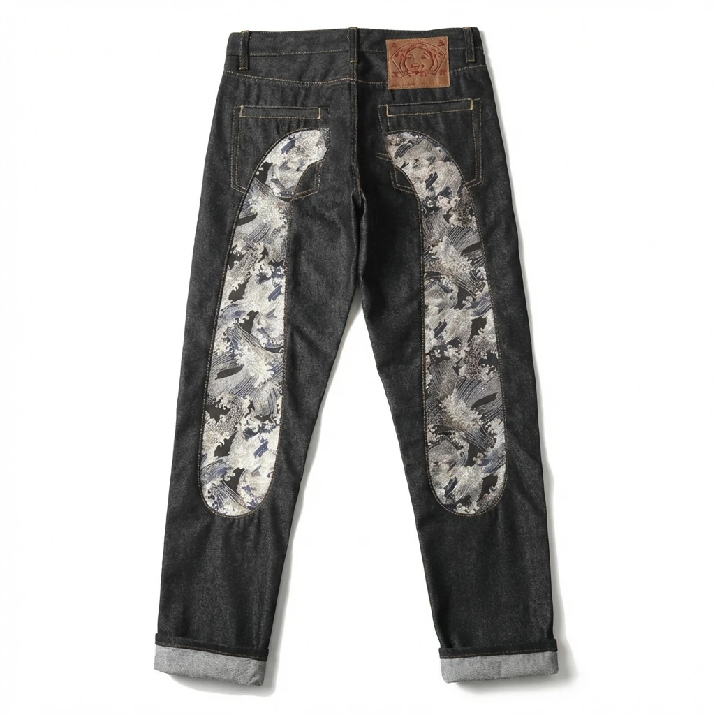 EVISU Wave Pattern Retro Black Jeans