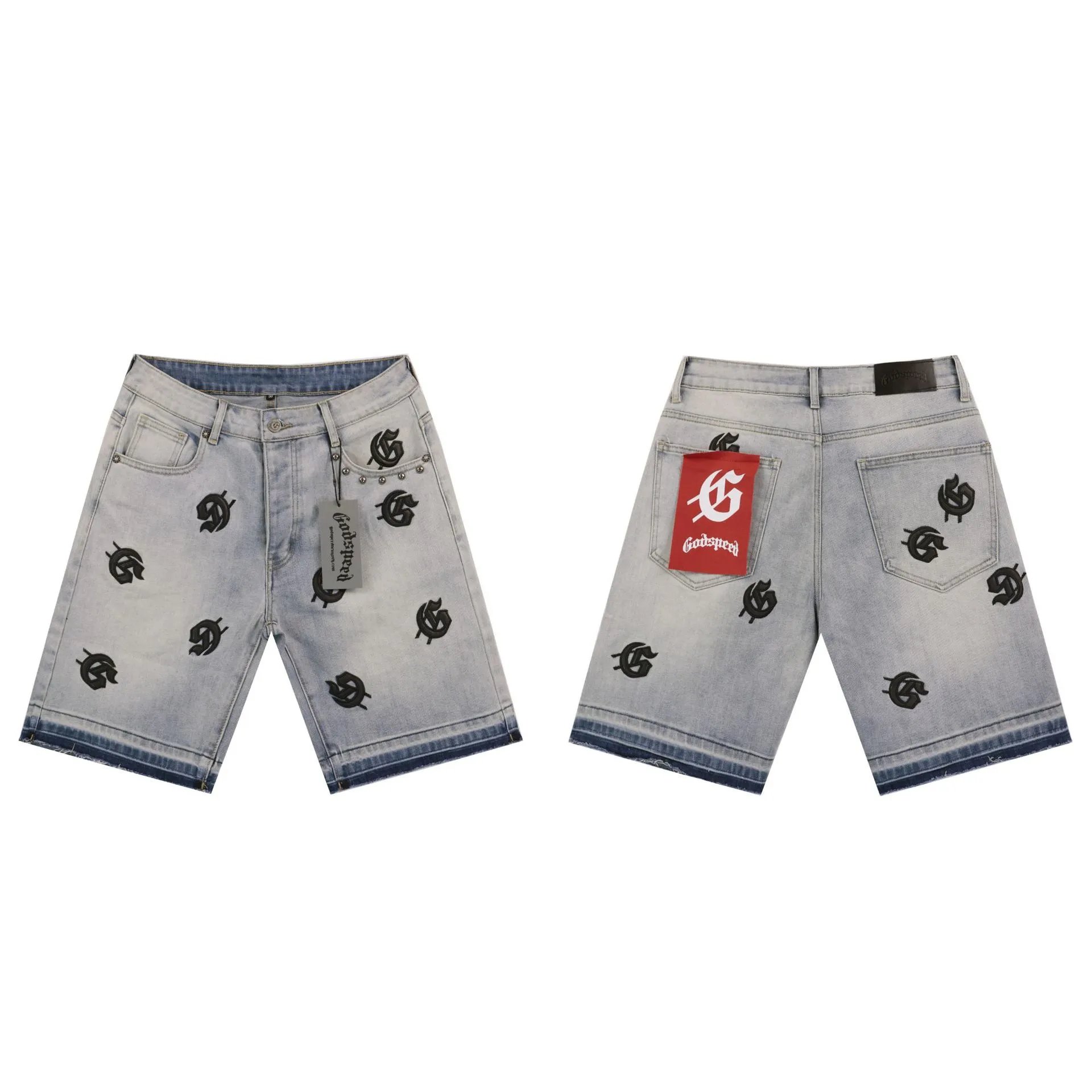 Godspeed Embroidered Street Style Light Blue Denim Shorts