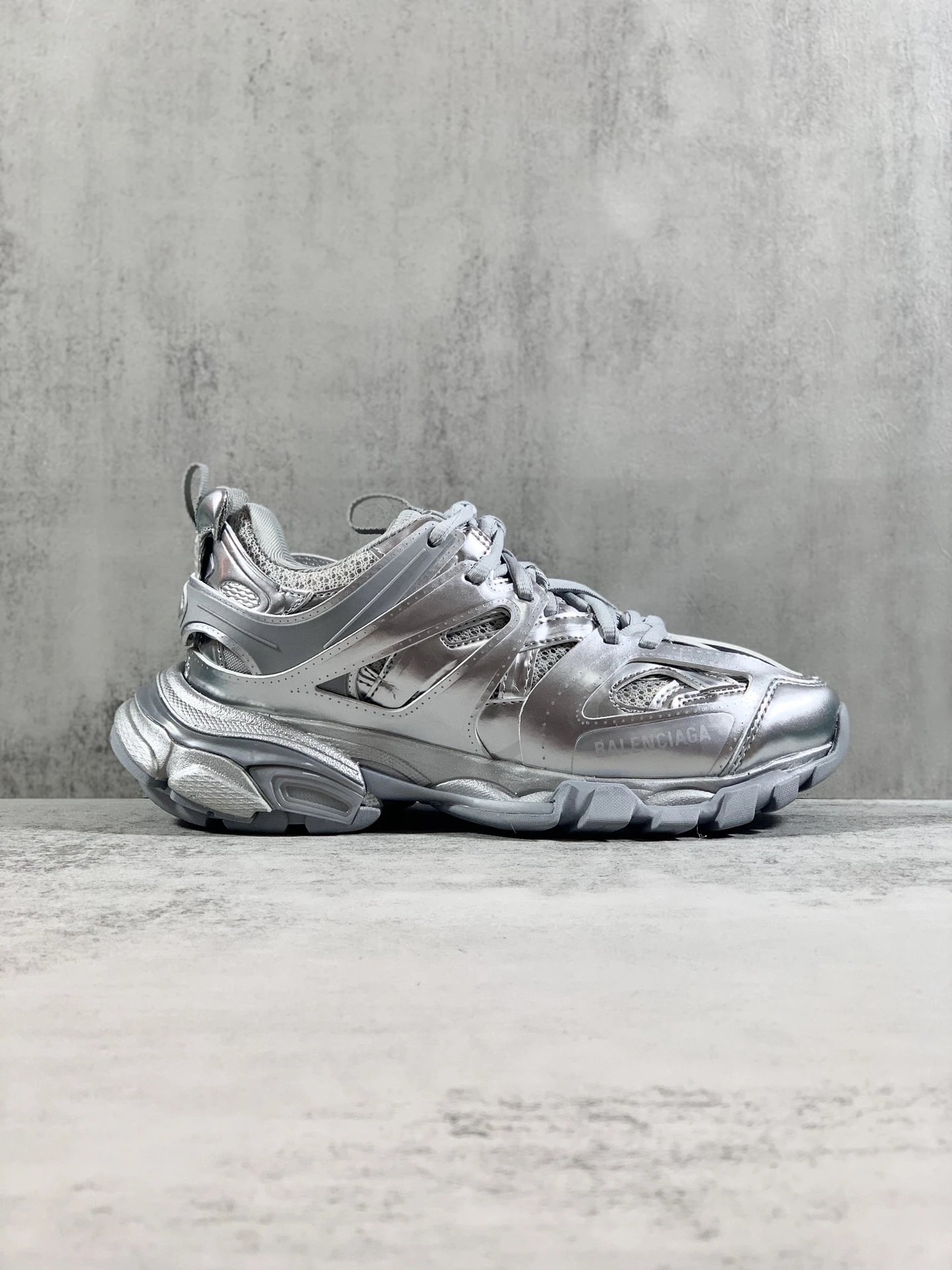 Silver Runner Sneaker by Balenciaga with Silver Layered Runner Side Profile