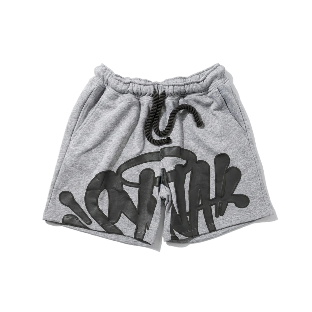 SynaWorld graffiti-style gray shorts