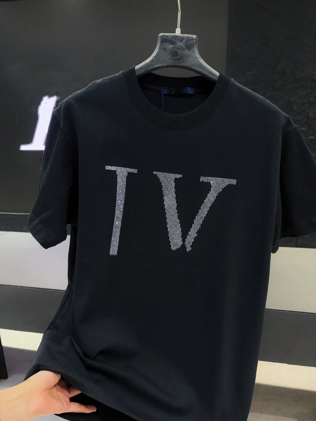 Louis Vuitton Trendy Style Black T-shirt with Hot-fix Rhinestones