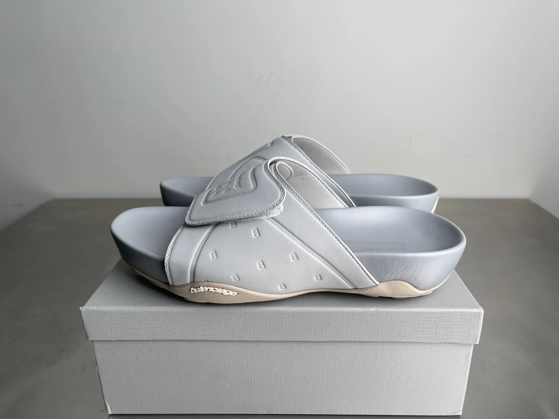 Balenciaga B Embossed Trendy Light Grey Slippers