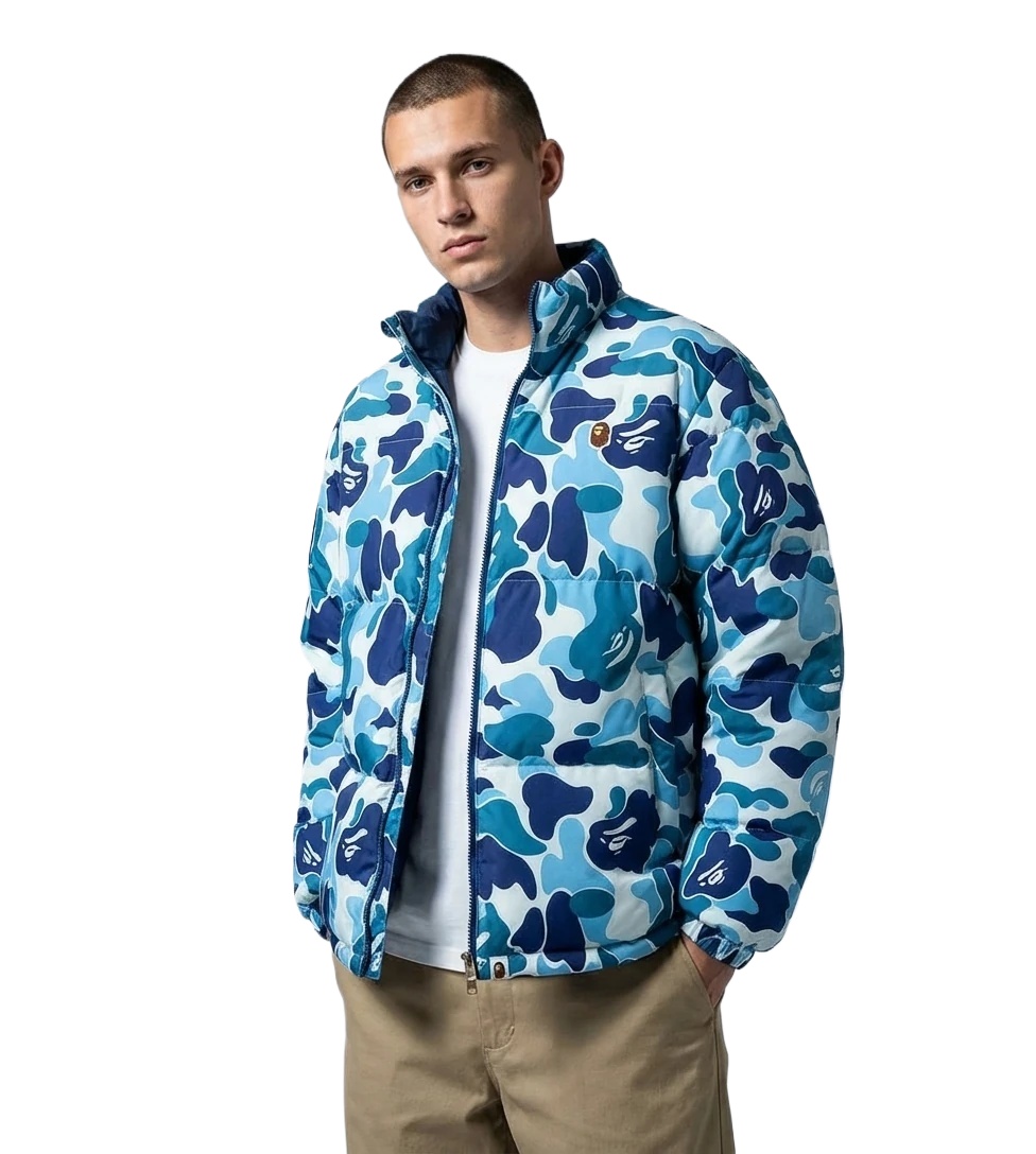Bape camouflage-style blue and white down jacket