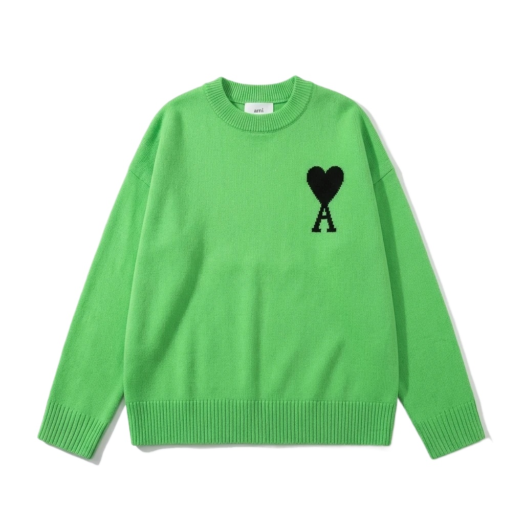 AMIRI's trendy and cool green sweater with a heart pattern.