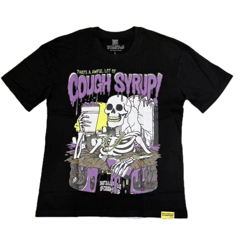Cough Syrup Skull Print Hip-hop Style Black T-shirt