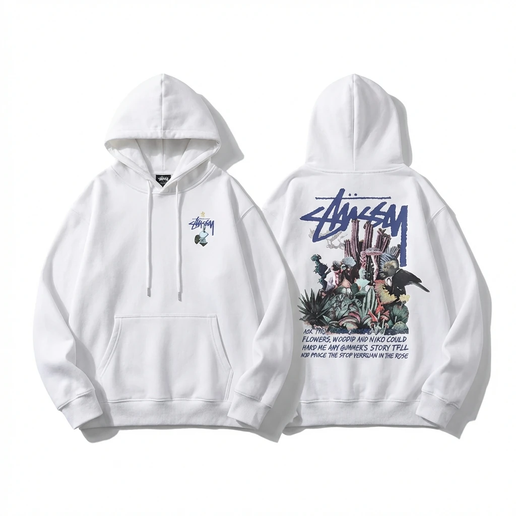 Stussy-printed trendy white hoodie