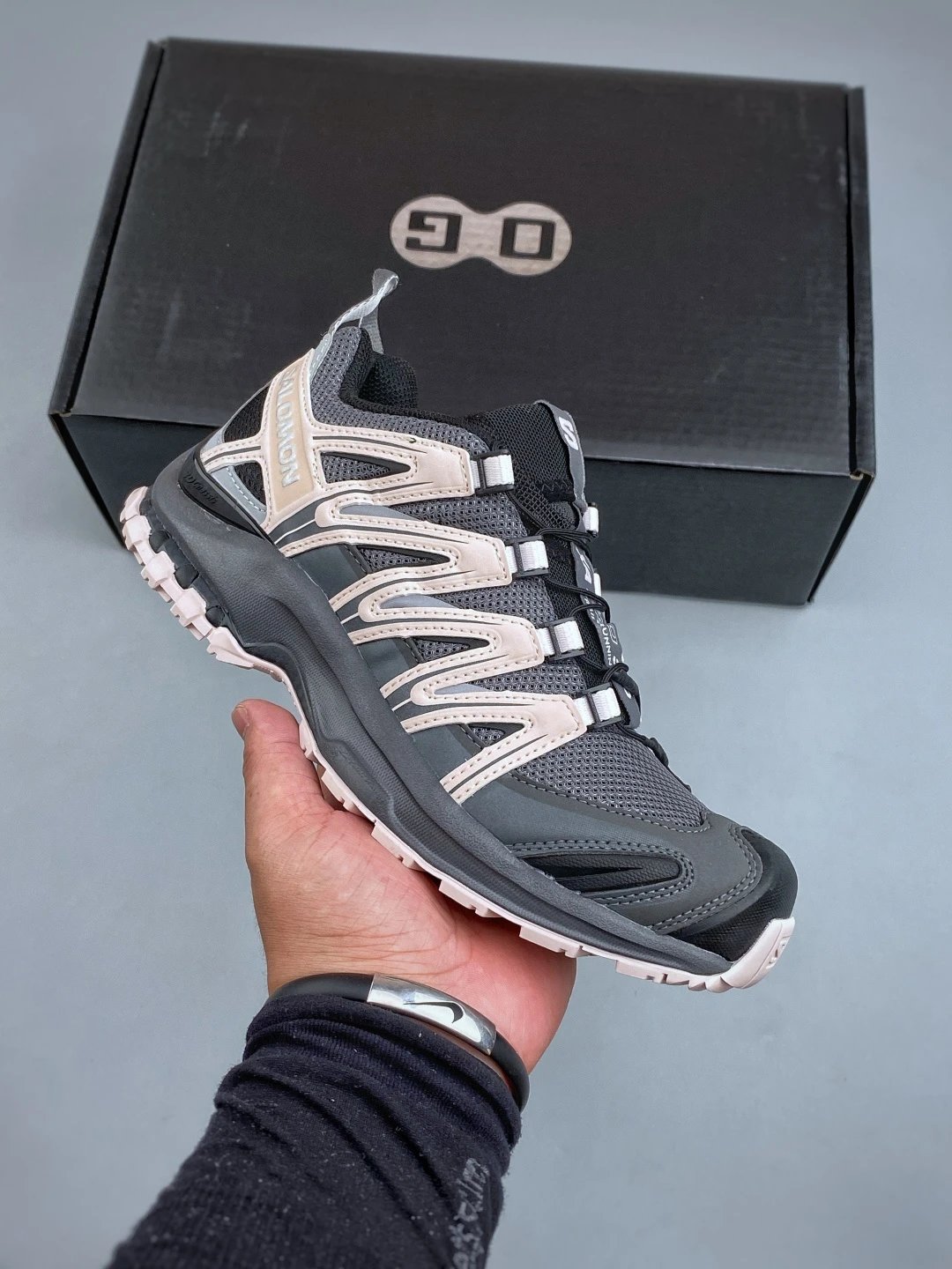 Salomon Trail Runners in Gray and Pink with Treaded Trail Sole
