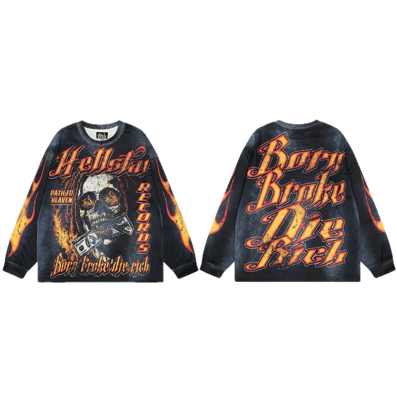 Hellstar Skull Flame Street Style Black & Orange Long Sleeve T-Shirt
