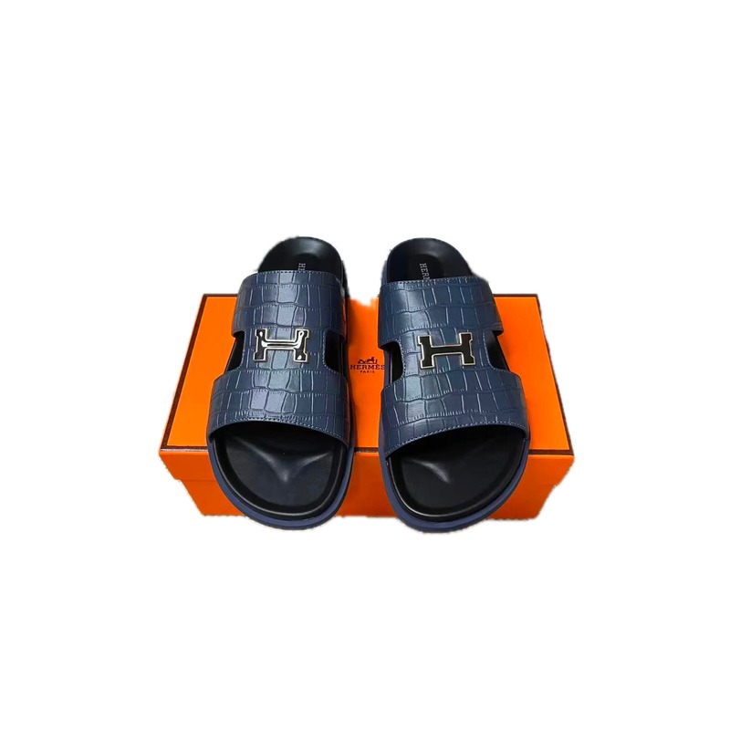 Hermès H-Buckle Collection Light Luxury Style Navy Blue Slides