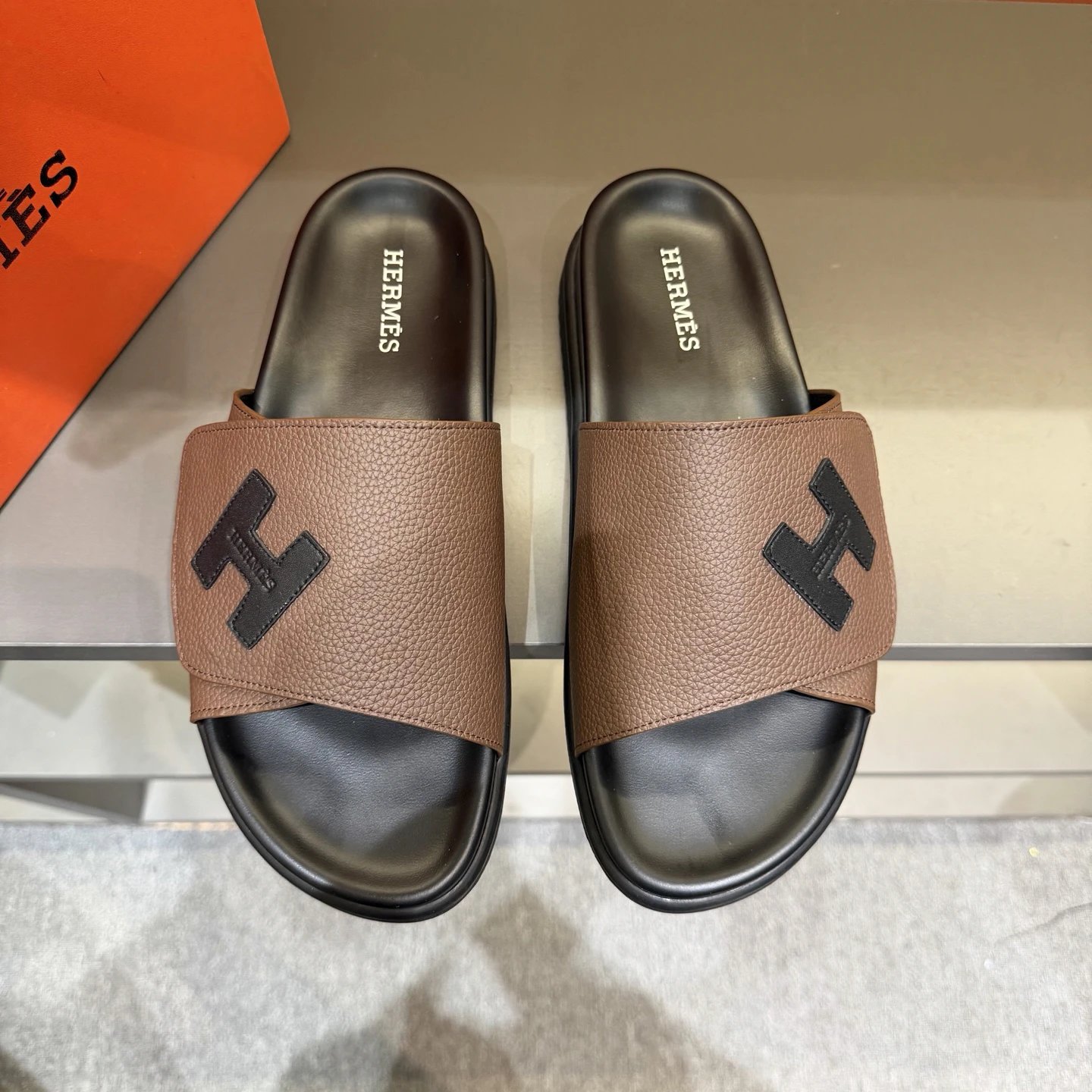 Hermès H-Logo Minimalist Brown Slide Sandals