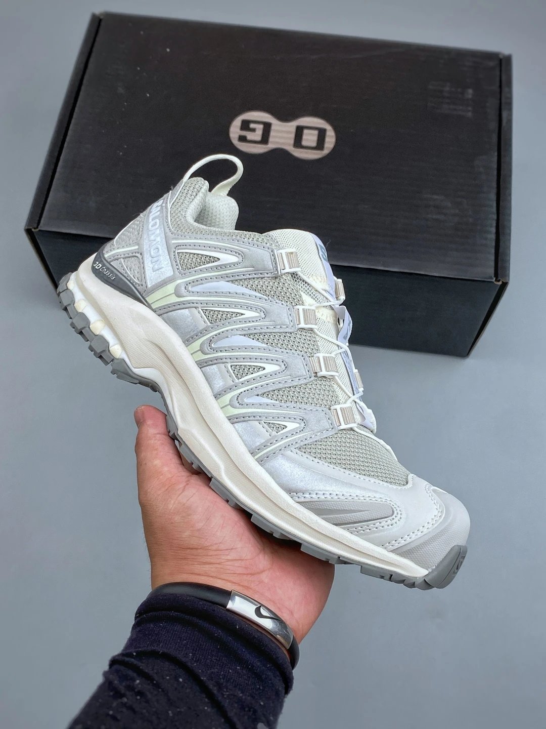 Salomon Silver and White Trail Runners with Quick-Lace Style Cords