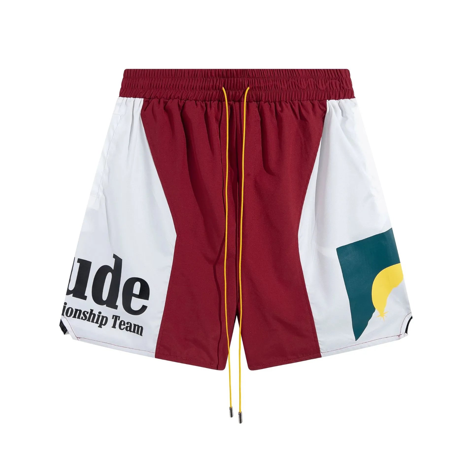 RHUDE retro-style red and white shorts