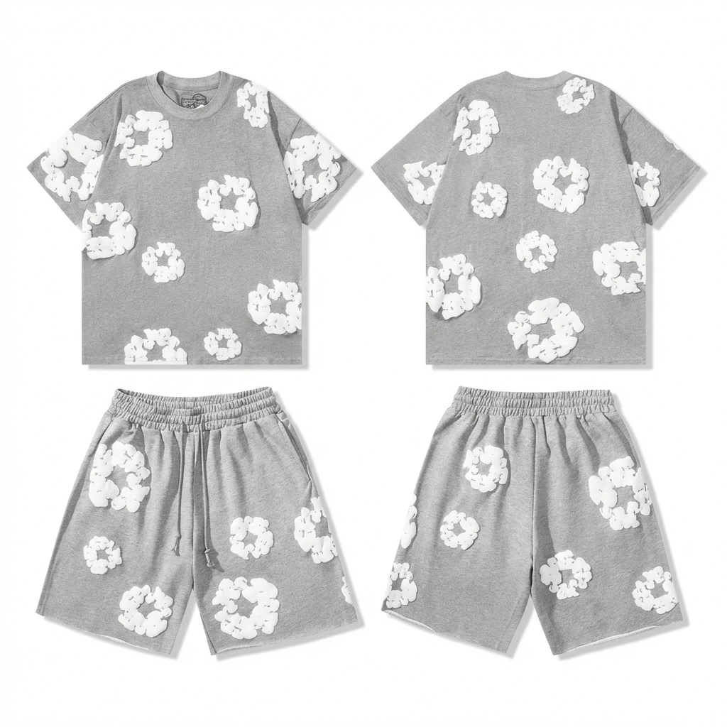 DENIM TEARS Flower Grey Short-sleeve and Shorts Set