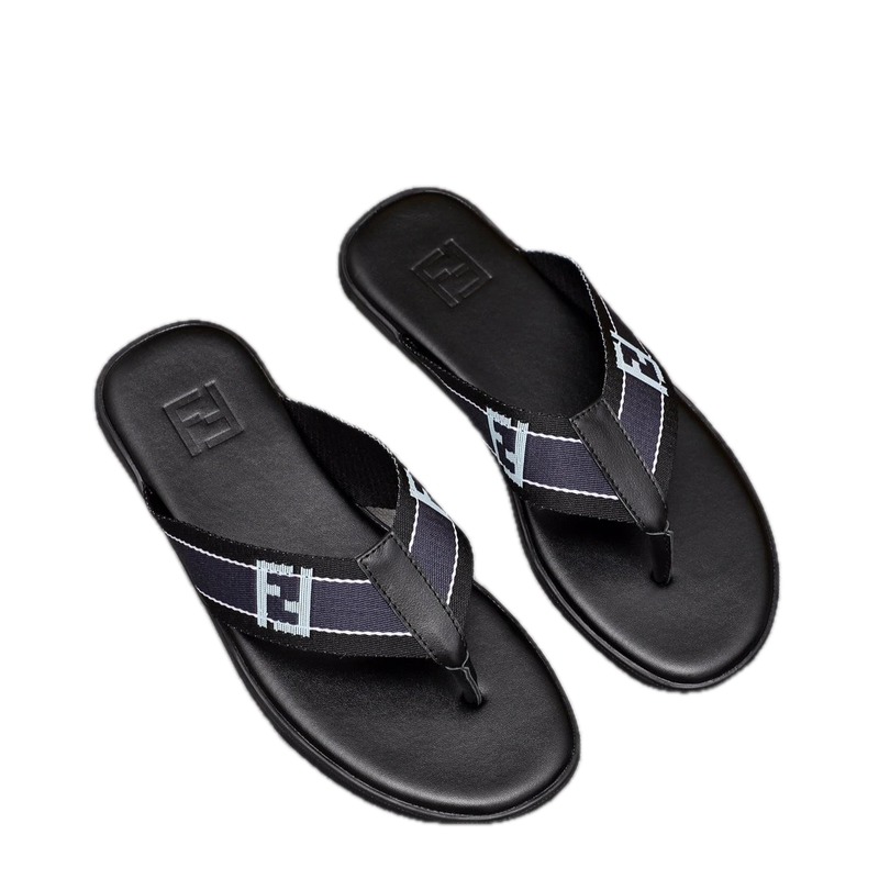 Fendi FF Monogram Light Luxury Style Black and Blue Flip-Flops