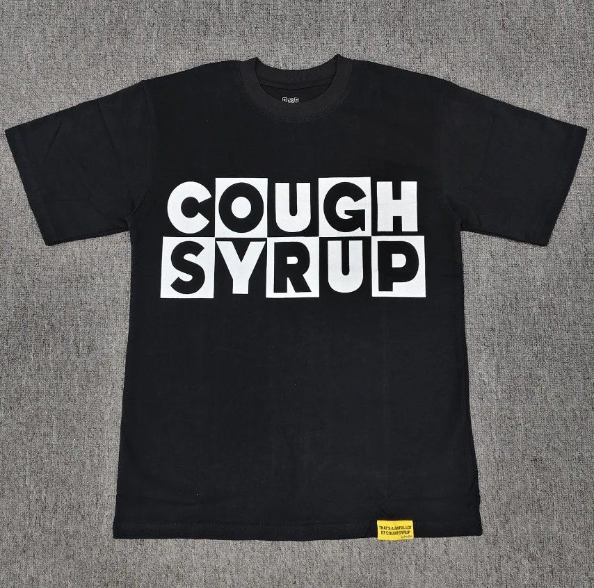 Black street-style short-sleeve T-shirt with COUGH SYRUP print