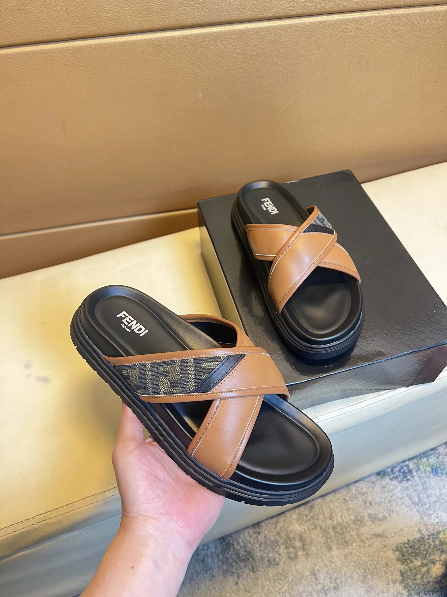 Fendi FF Monogram Casual Style Brown Slides