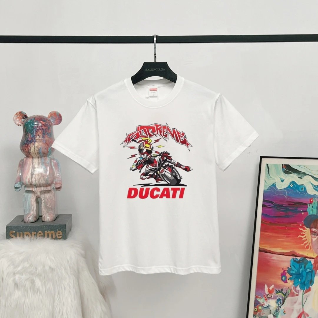 Supreme x Ducati Co-branded Biker Style White T-Shirt