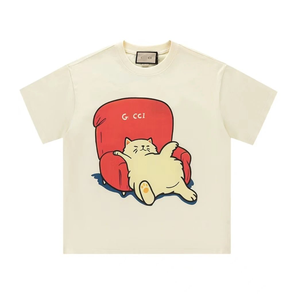 Gucci Cat Print Casual Off-White T-Shirt