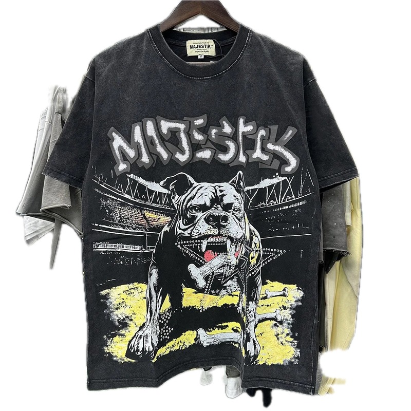 MAJESTIK Bulldog Distressed Street Style Black T-Shirt
