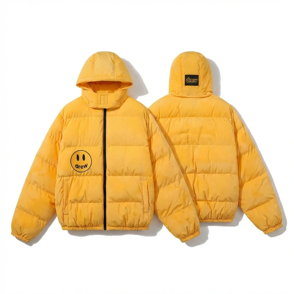 DREW Smiling Face Hooded Yellow Down Jacket