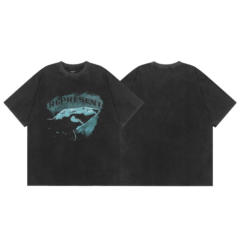 Represent Shark Print Vintage Style Black T-Shirt