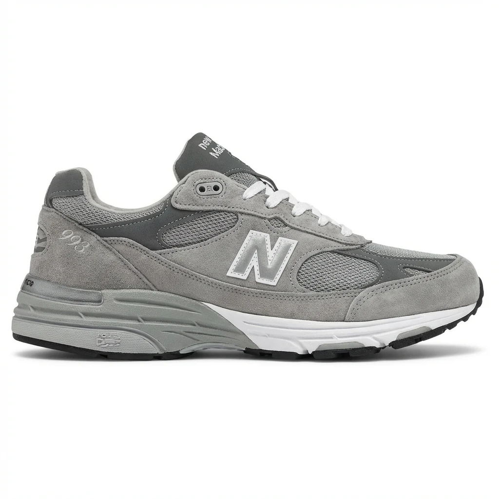 Retro-style gray shoes of New Balance 993