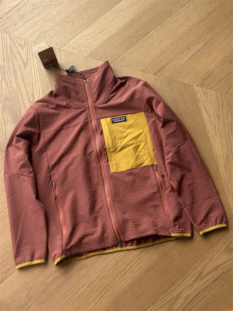 Burgundy with Mustard Pocket Grid Fleece Zip Jacket for Road Trips from Patagonia
