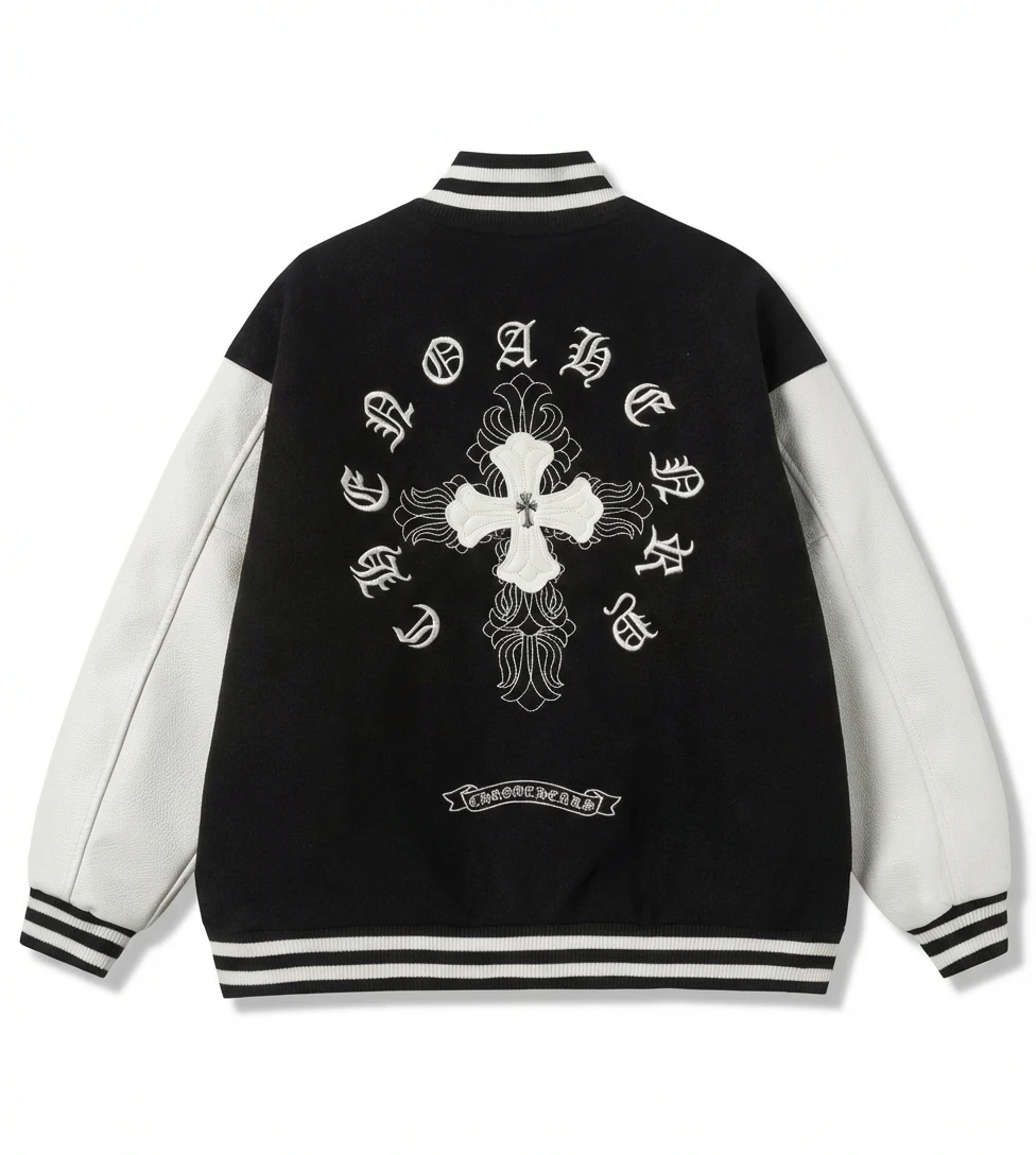 Chrome Hearts retro-style black and white baseball jacket