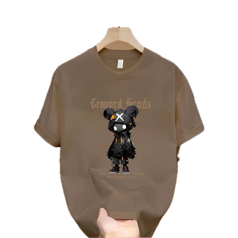 Streetwear Street Style Violent Bear Print Khaki Short-sleeve T-shirt