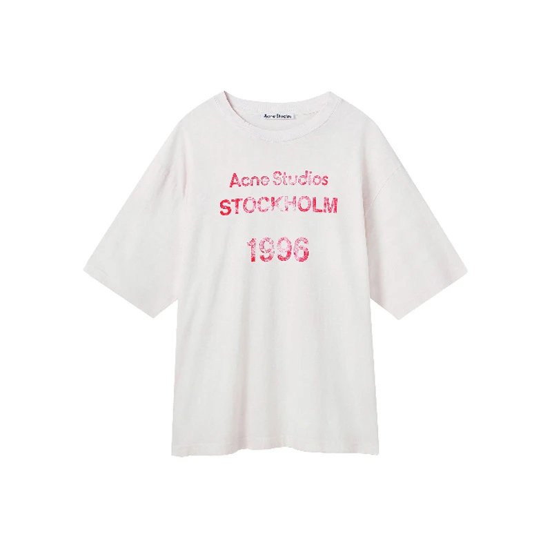 Acne Studios 2090-80 White Pink Lettering Style Ac908046 Stockholm Logo T-Shirt Resort Wear