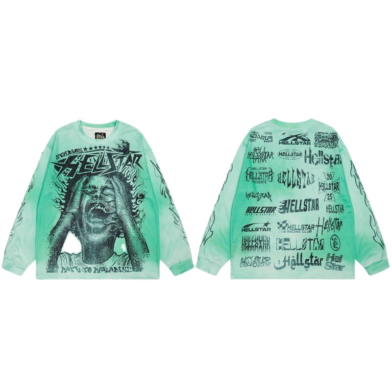 Hellstar All-over Portrait Print Street Style Mint Green Long Sleeve