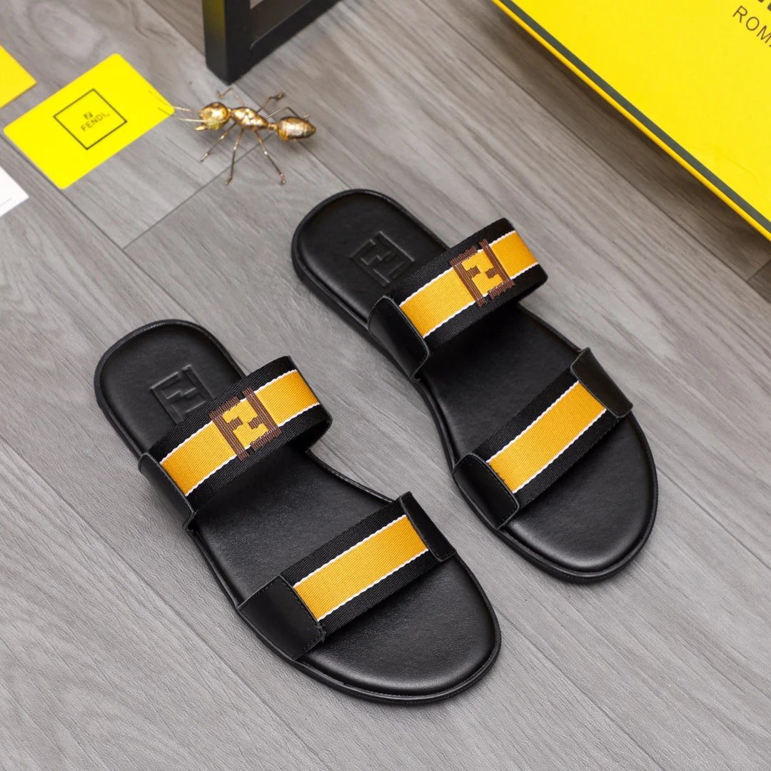 Fendi FF Collection Light Luxury Style Black and Yellow Slide Sandals