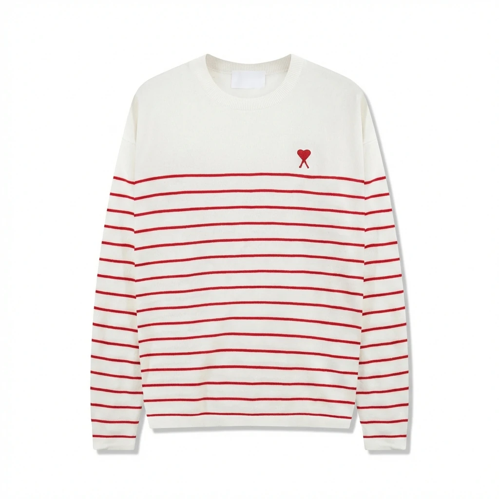 AMI Stripe Heart White Sweater