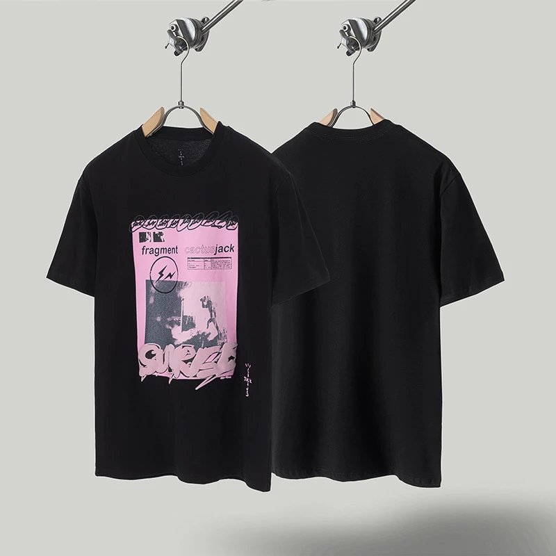 Travis Scott x Lightning Co-branded Graffiti-style Black T-shirt