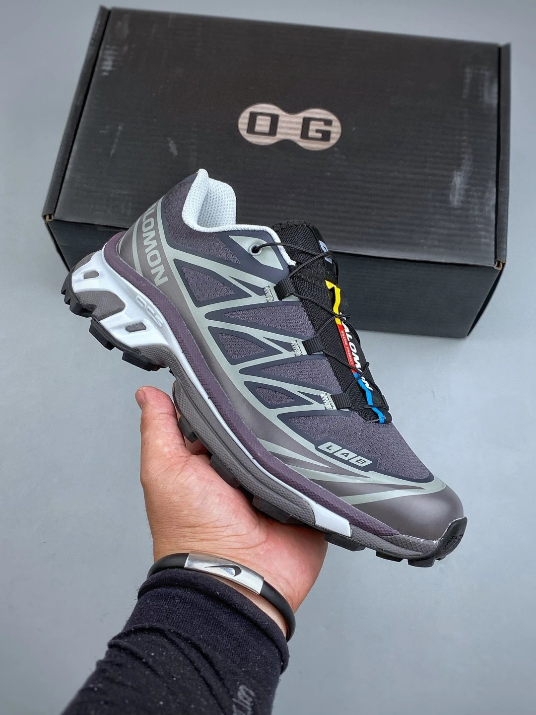 Salomon Gray and Purple Trail Runners and Treaded Trail Sole