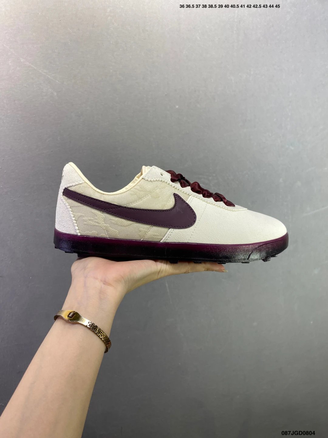 Nike Waffle-Sole Runners in Cream and Burgundy with Tonal Mesh Panels
