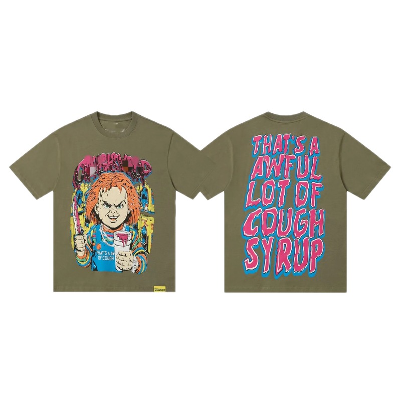 COUGH SYRUP Chucky Print Vintage Style Army Green T-shirt