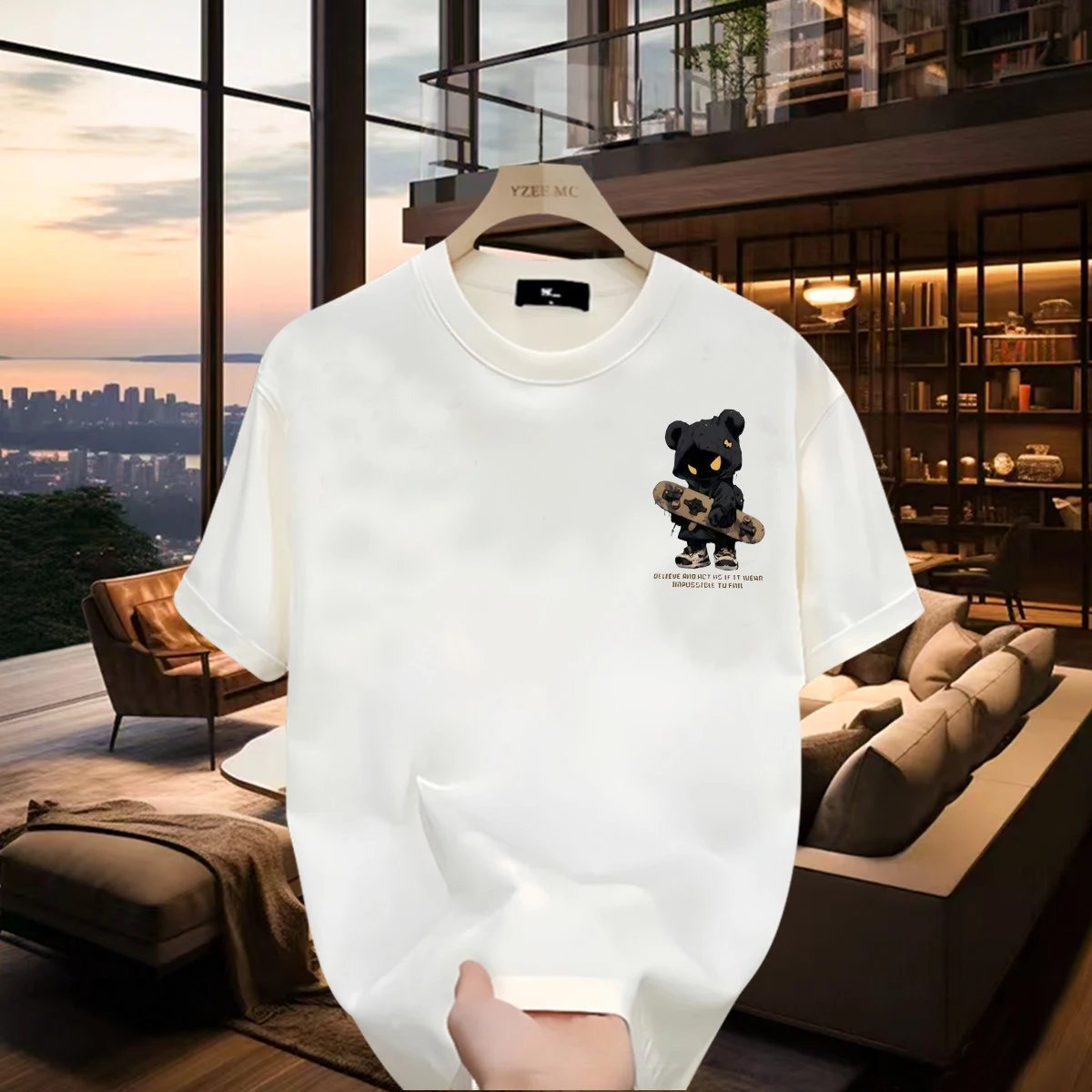 YZEE MC Skateboarding Bear Street Style Off-white T-Shirt