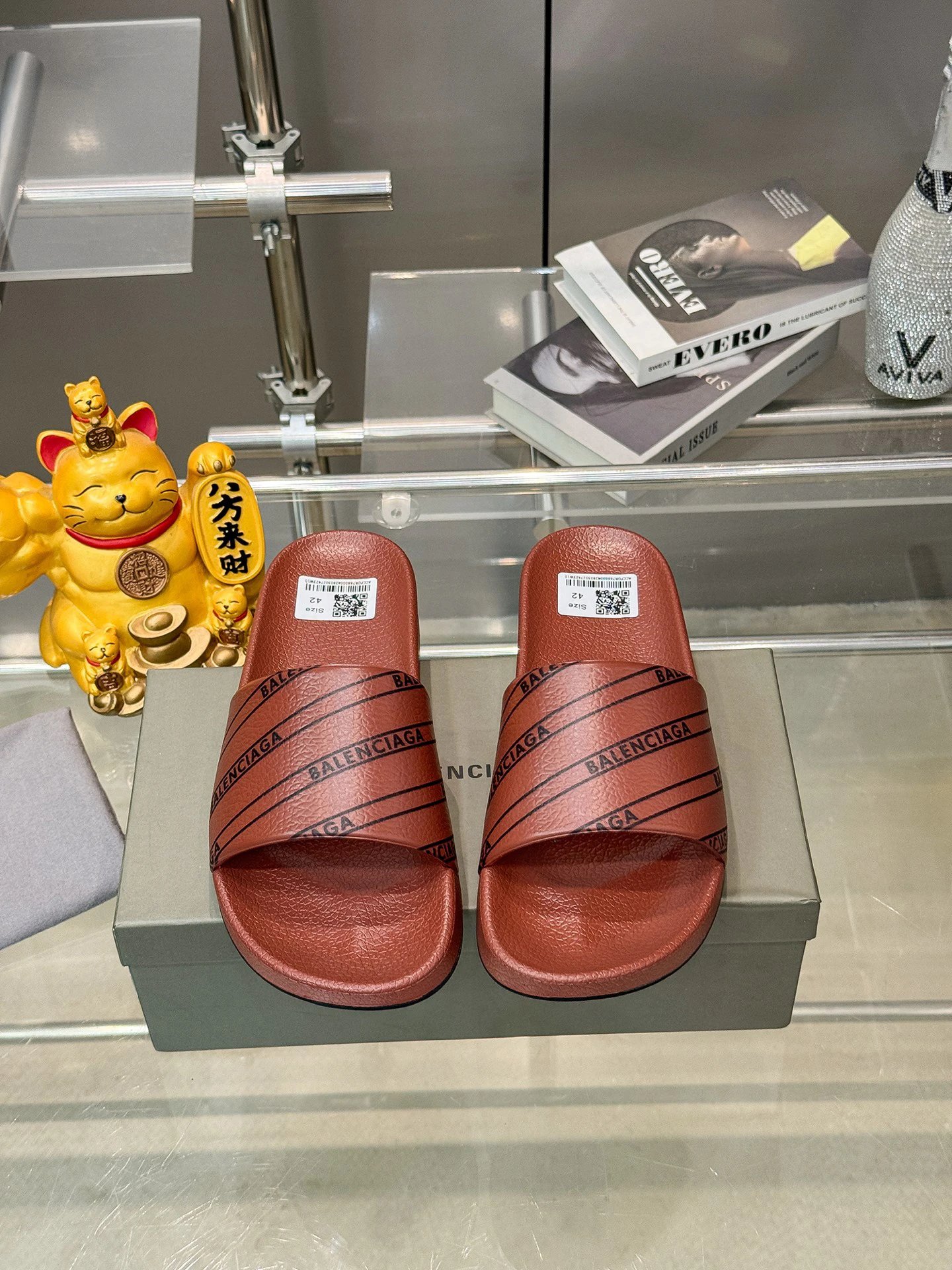 Balenciaga Letter Print Streetwear Brand Reddish Brown Slide Sandals