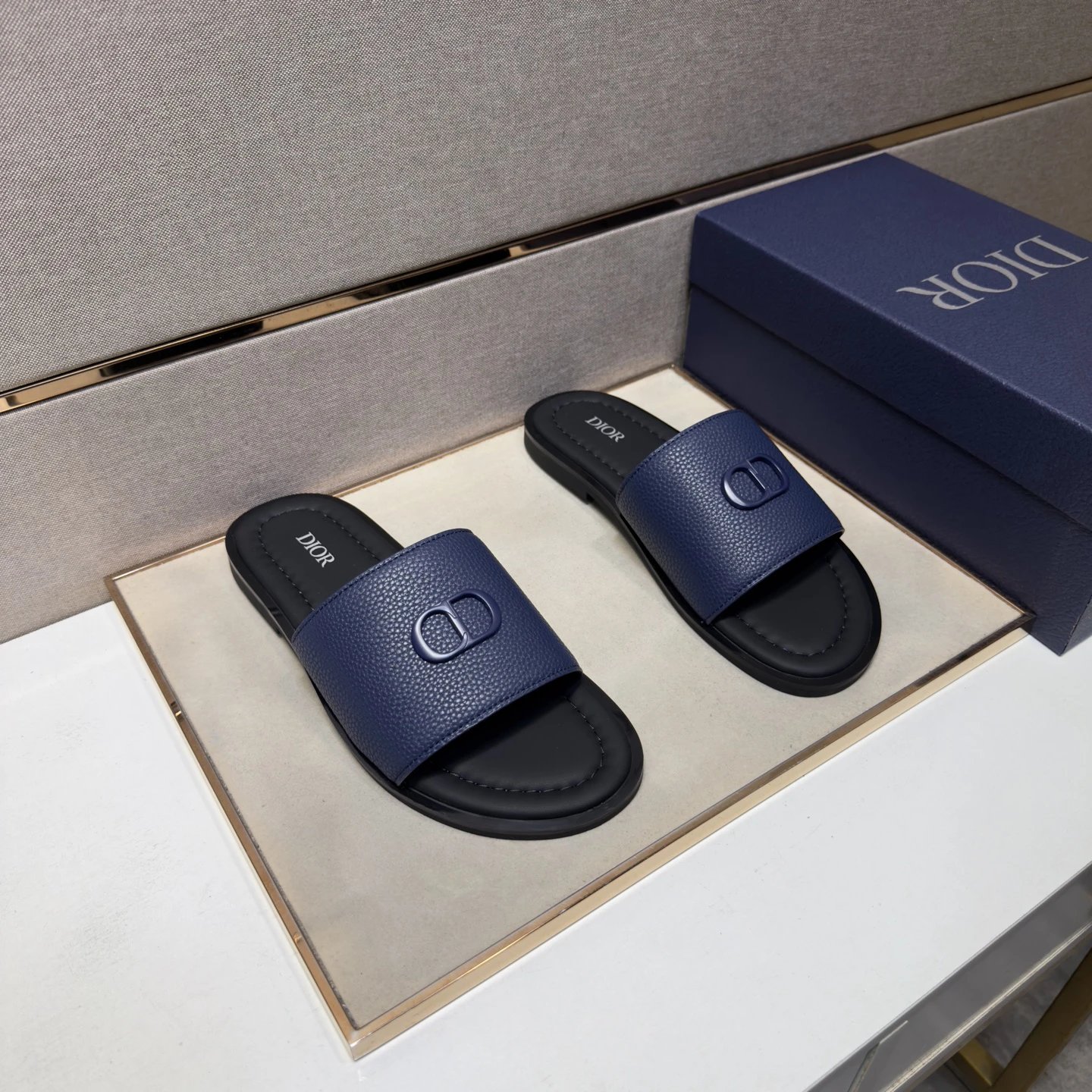 Dior CD Series Minimalist Style Navy Blue Slide Sandals