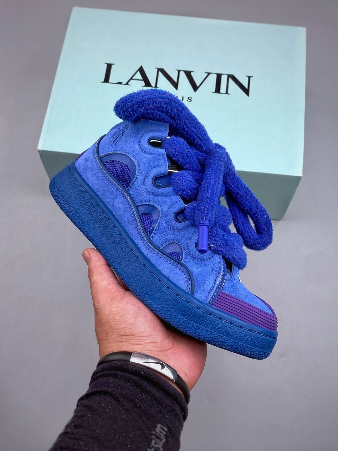 LANVIN Oversized-Lace Sneakers in Royal Blue, Finished with Contrast Toe Panel