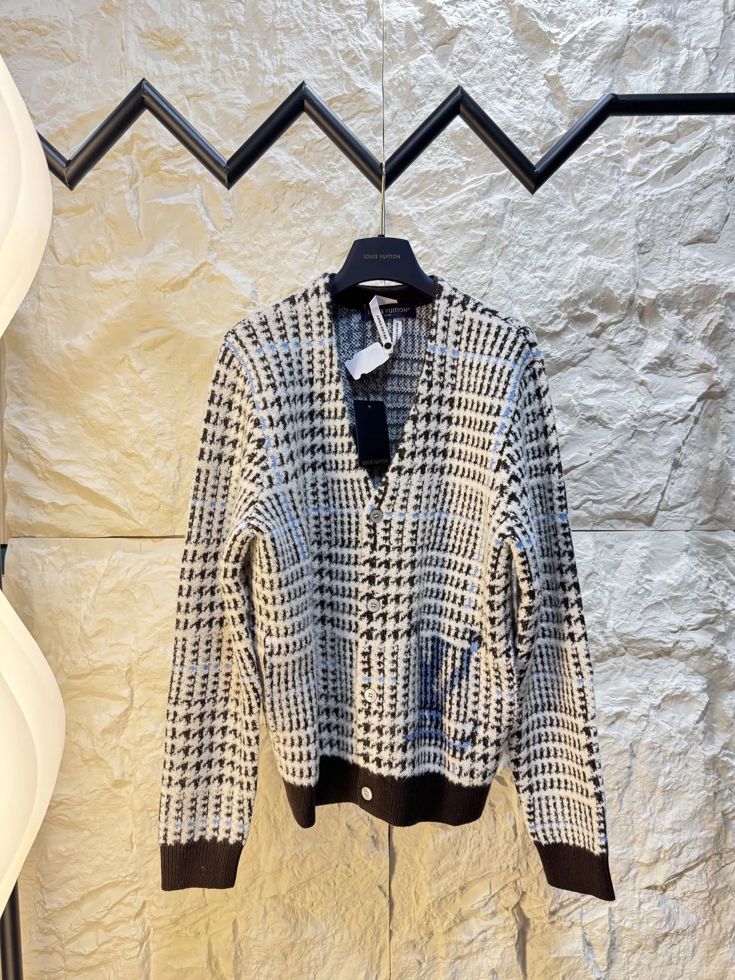Cardigan with Cream and Navy Check Cardigan Neutral Color