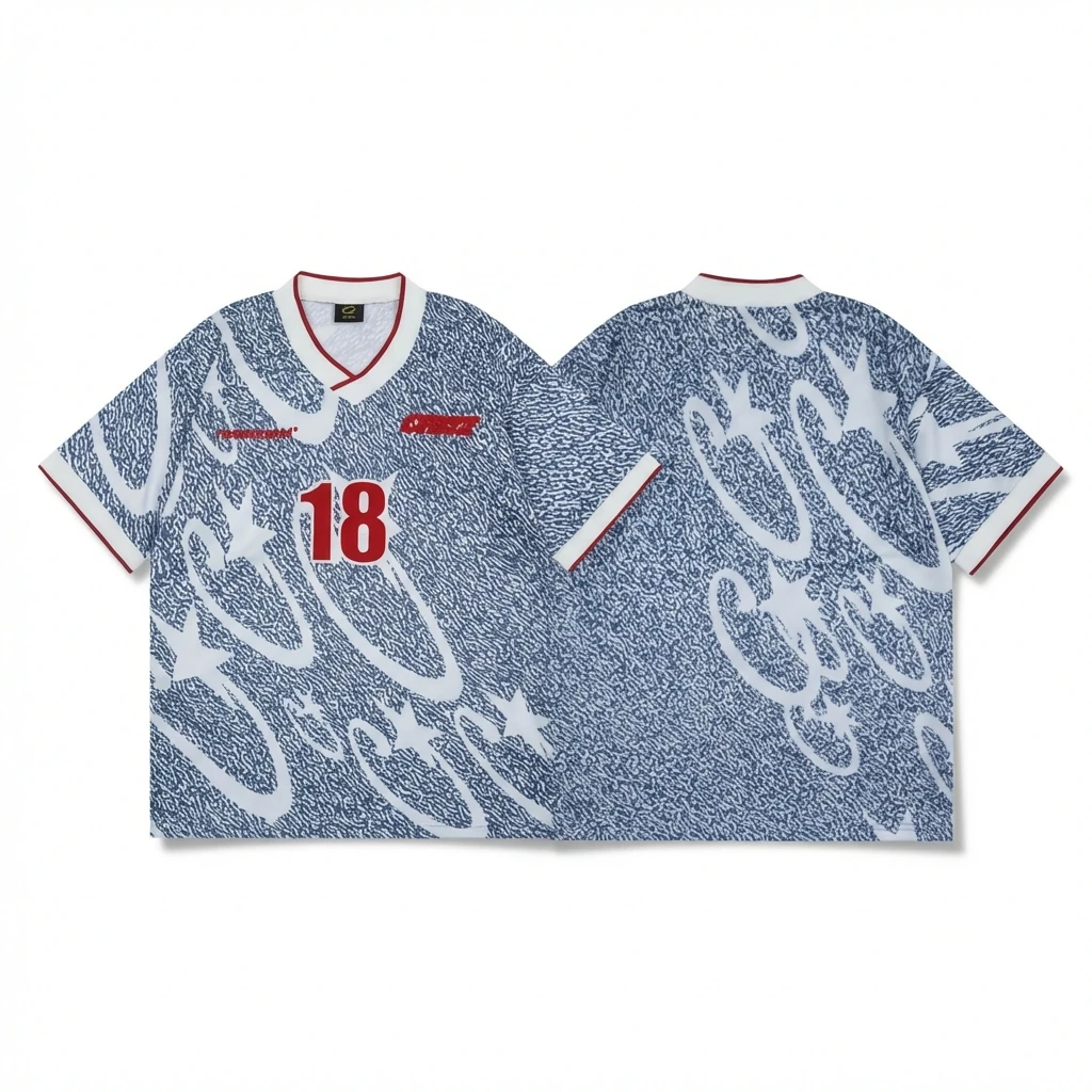 Corteiz-printed retro-style blue and white short-sleeve shirt