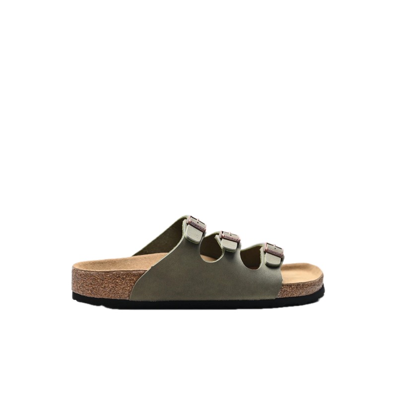 Birkenstock Three-Buckle Casual Army Green Cork Slide Sandals