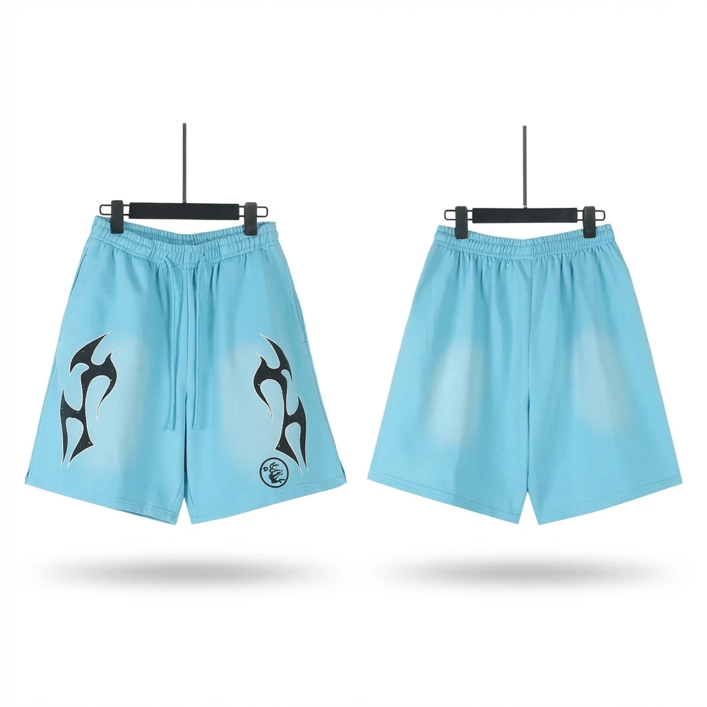 Hellstar trendy brand printed light blue shorts